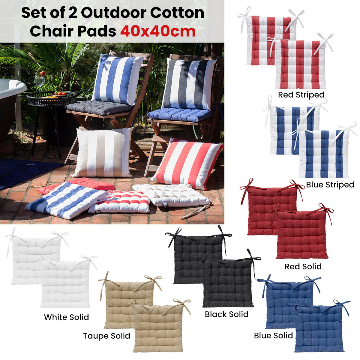 NNEDSZ J Elliot Home Set of 2 Outdoor 100% Cotton Chair Pads 40 x 40 cm Solid Blue